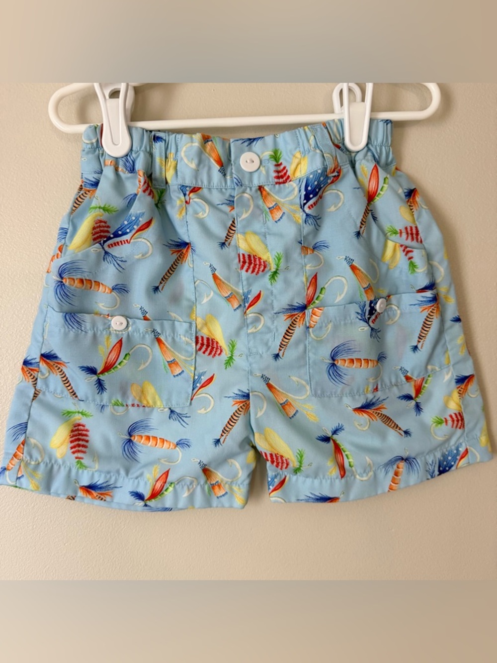Light Blue Boys Smocked Fishing Lure Print Shorts